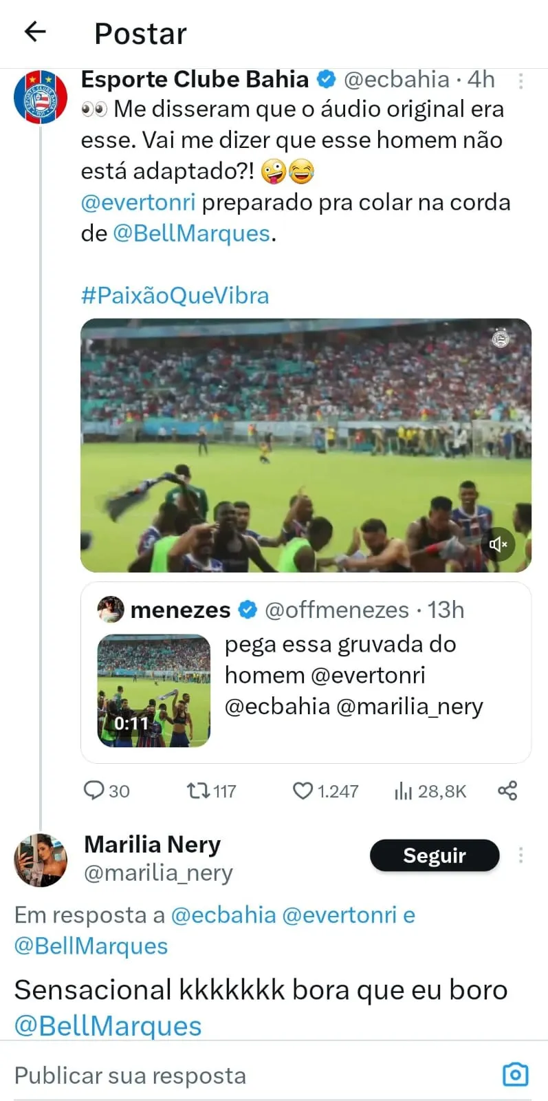 Resposta de Marília Nery, esposa de Éverton Ribeiro