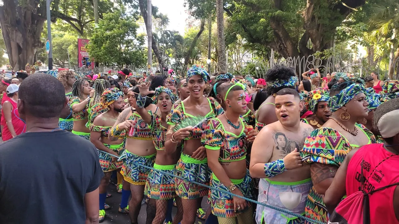 Foliões caracterizados curtem bloco