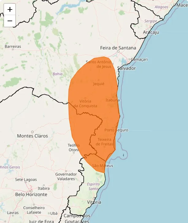 É previsto para que ocorra chuvas entre 30 e 60 mm/h ou 50 e 100 mm/dia