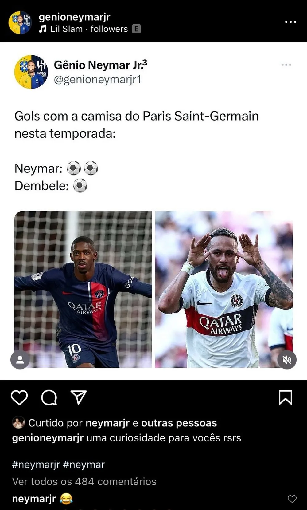 Imagem ilustrativa da imagem Neymar faz 'pouco caso' de comparação com Dembelé em rede social