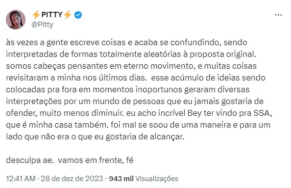 Além do pedido de desculpas, a artista ainda divulgou o link de doação as Obras Sociais de Irmã Dulce criada pelos fãs da musa norte-americana após o deboche da cantora