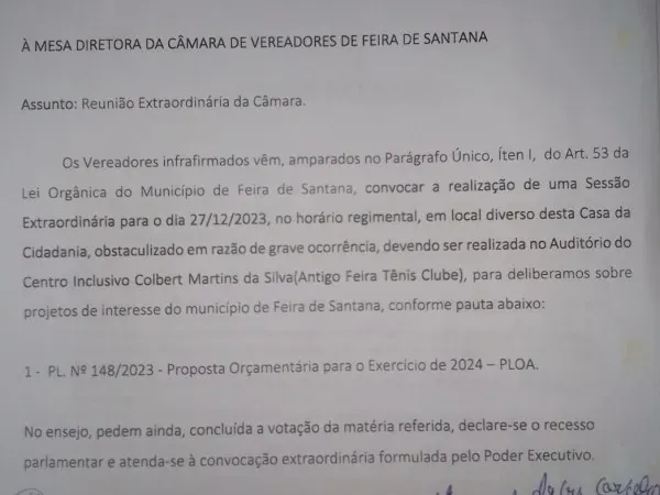 A realização de uma sessão extraordinária na próxima quarta-feira (27)