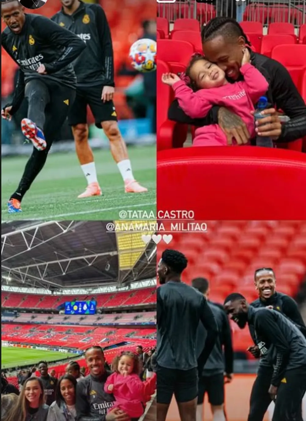 Tainá, Cecília e a mãe do zagueiro, Ana Maria Militão, estão Wembley, na Inglaterra, para torcer pelo time do jogador