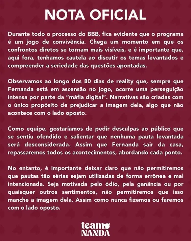 O comunicado deixou em evidência um pedido de desculpas para aqueles que se sentiram ofendidos