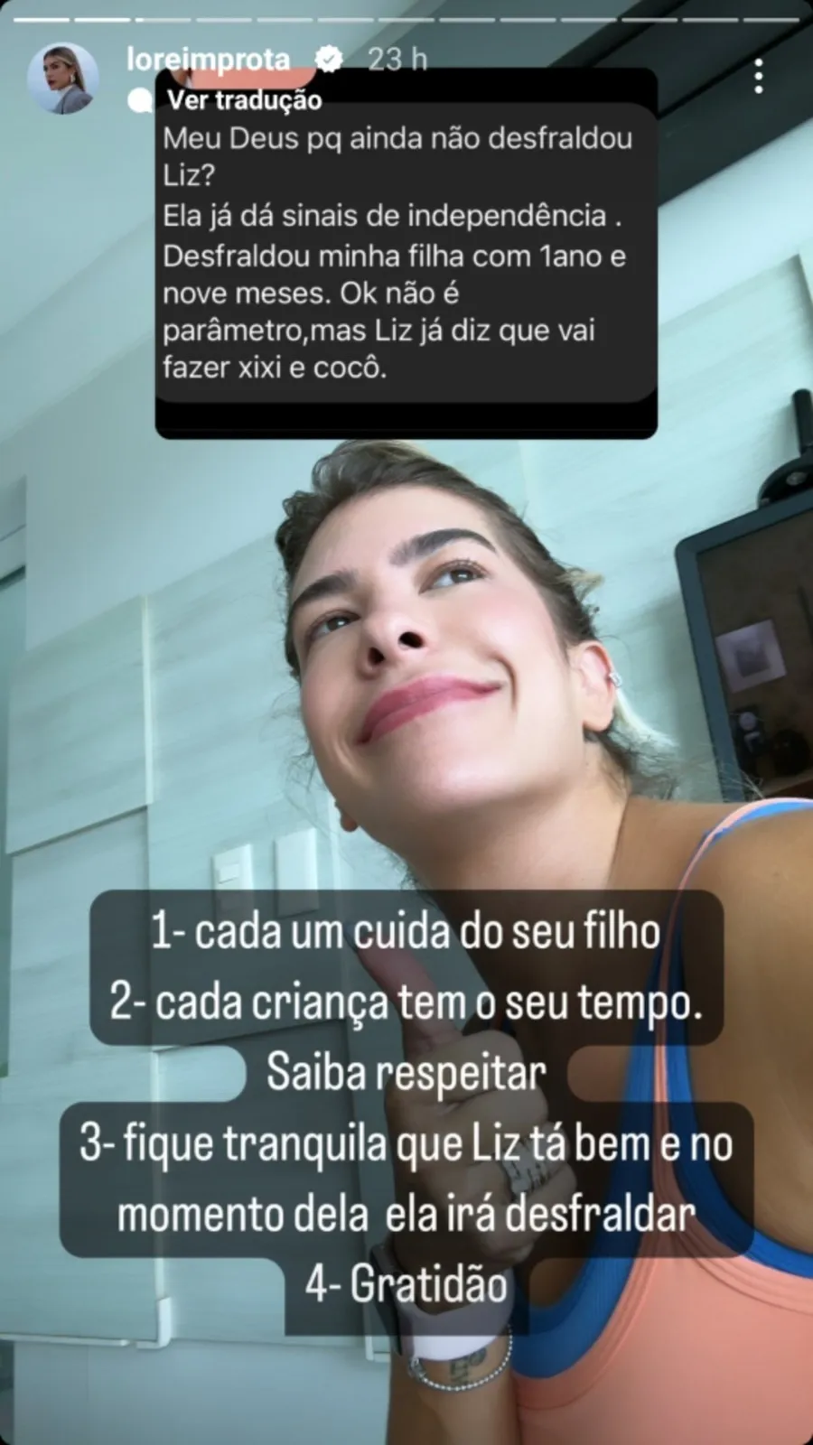 Imagem ilustrativa da imagem Lore Improta 'pega ar' com seguidora após críticas sobre Liz