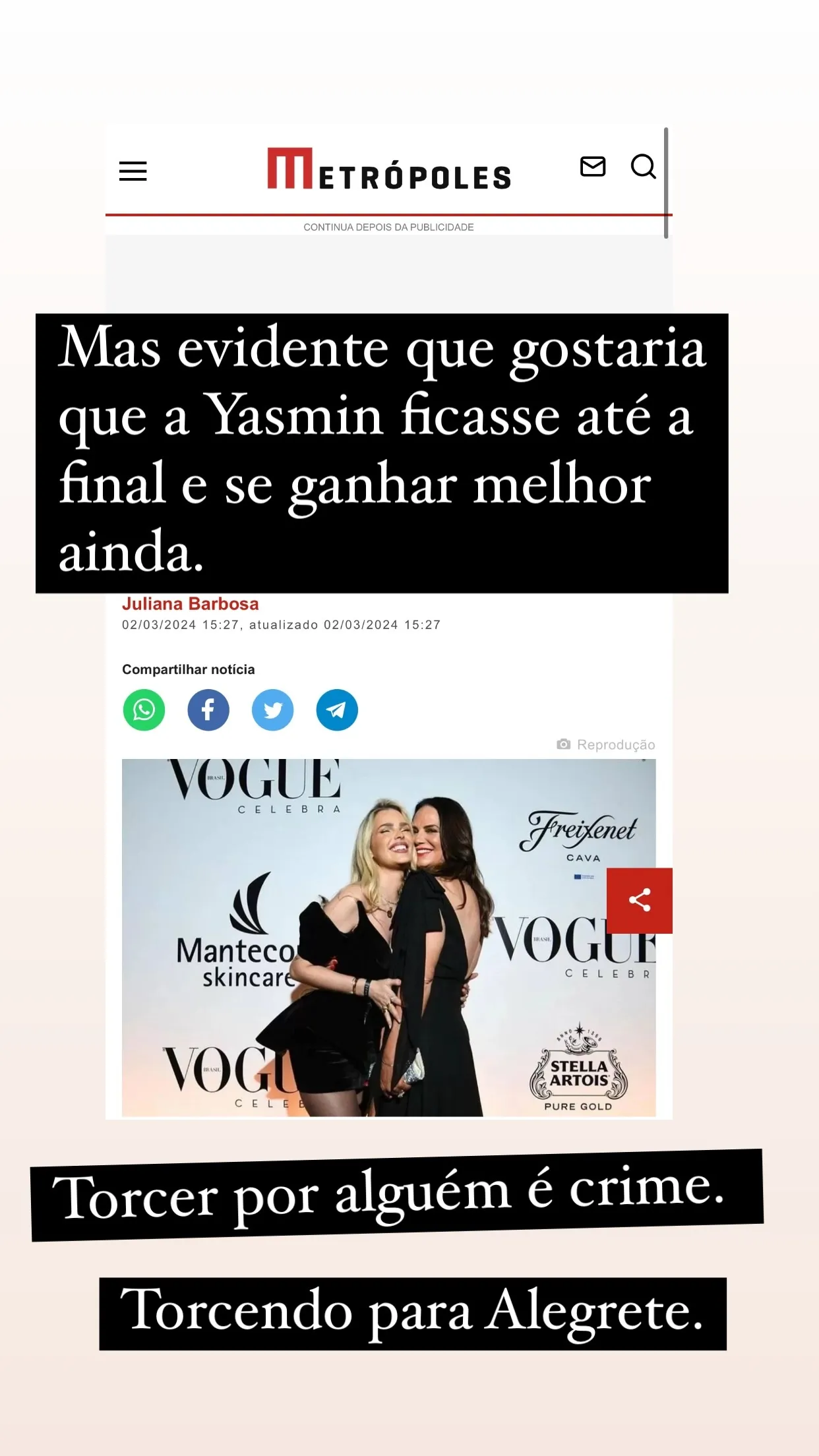 Imagem ilustrativa da imagem Mãe de Yasmin, Luiza Brunet declara torcida para Matteus e web detona