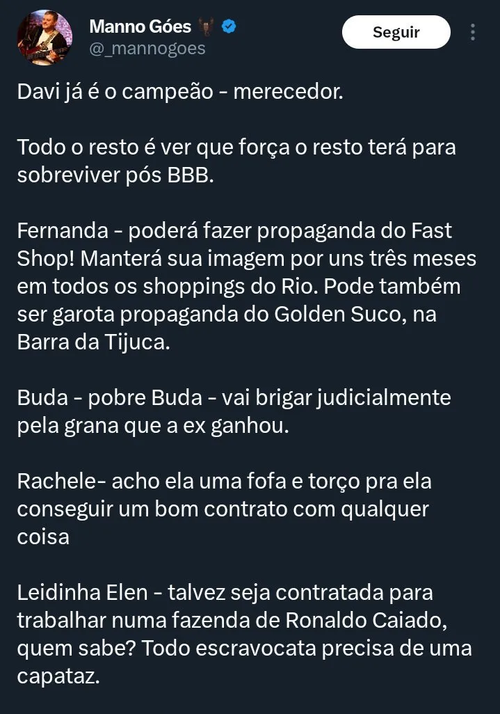 Cantor apagou o post após a repercussão negativa