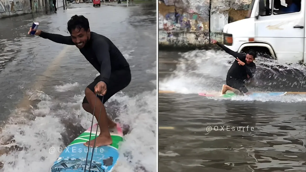 Surfista se colocou em risco ao 'pegar onda' em rua alagada