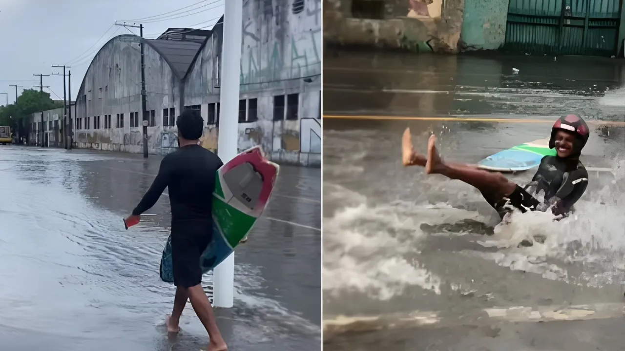 Imagem ilustrativa da imagem Que onda! Homem 'surfa' em ruas alagadas de Salvador e viraliza na web