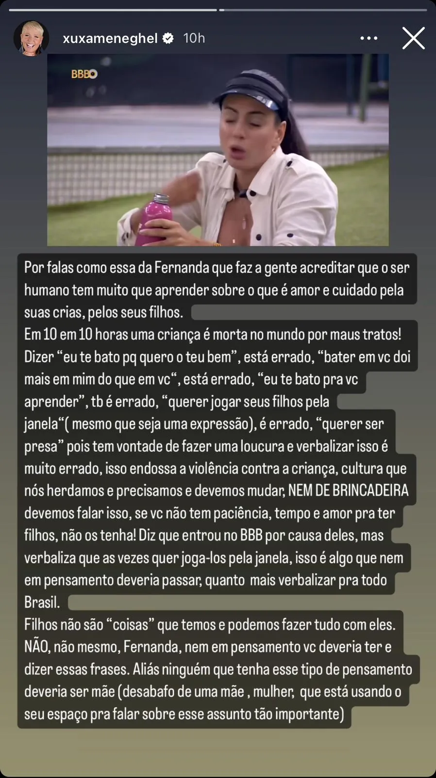 Xuxa critica Fernanda por fala polêmica sobre maternidade