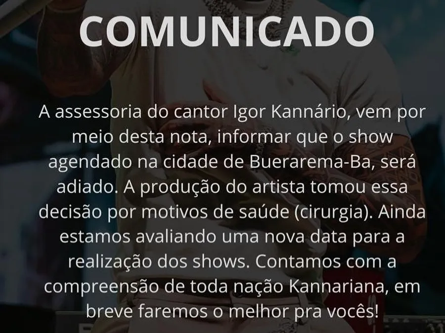 Imagem ilustrativa da imagem Igor Kannário cancela shows por questões de saúde e anuncia cirurgia