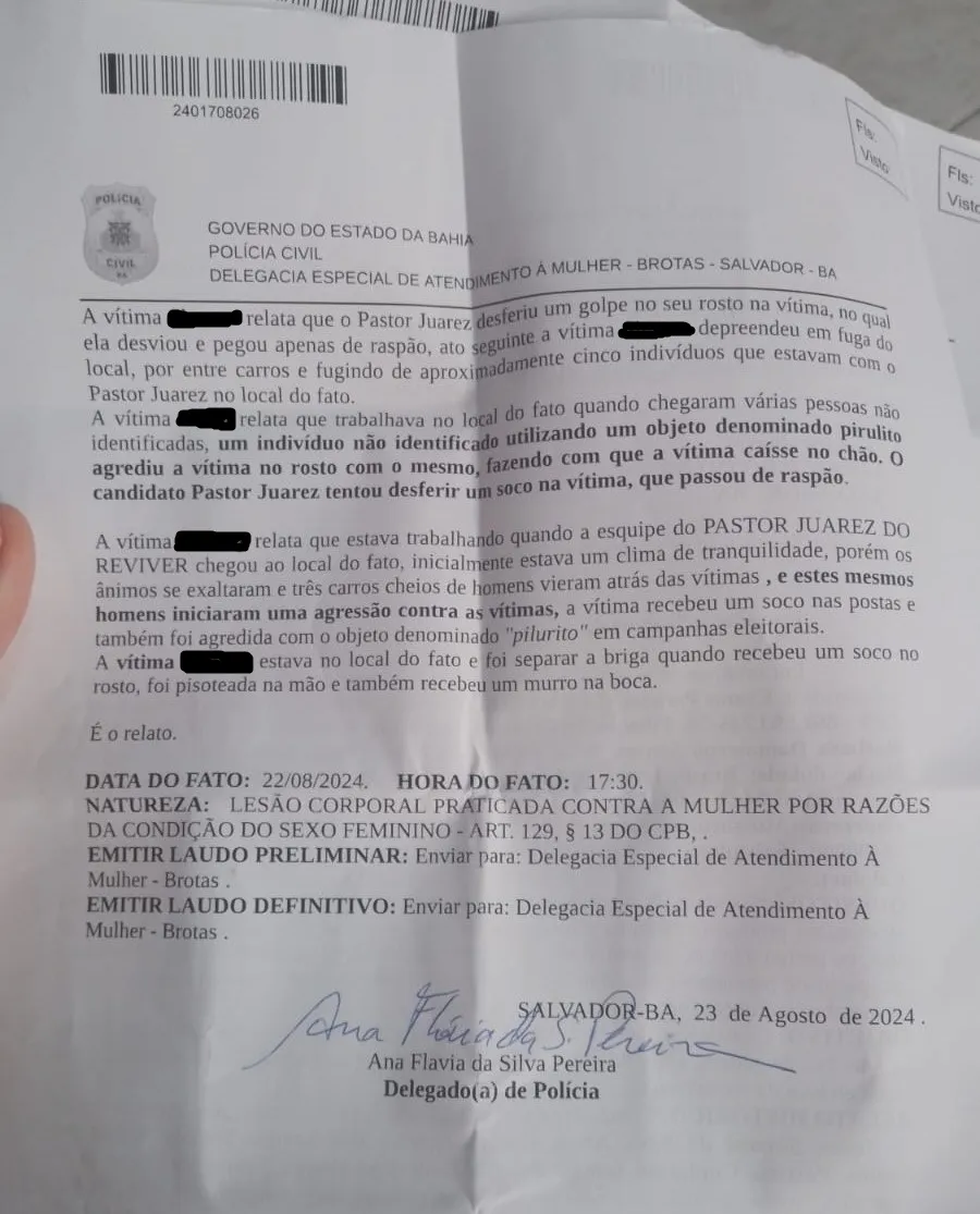 Relato dado à polícia