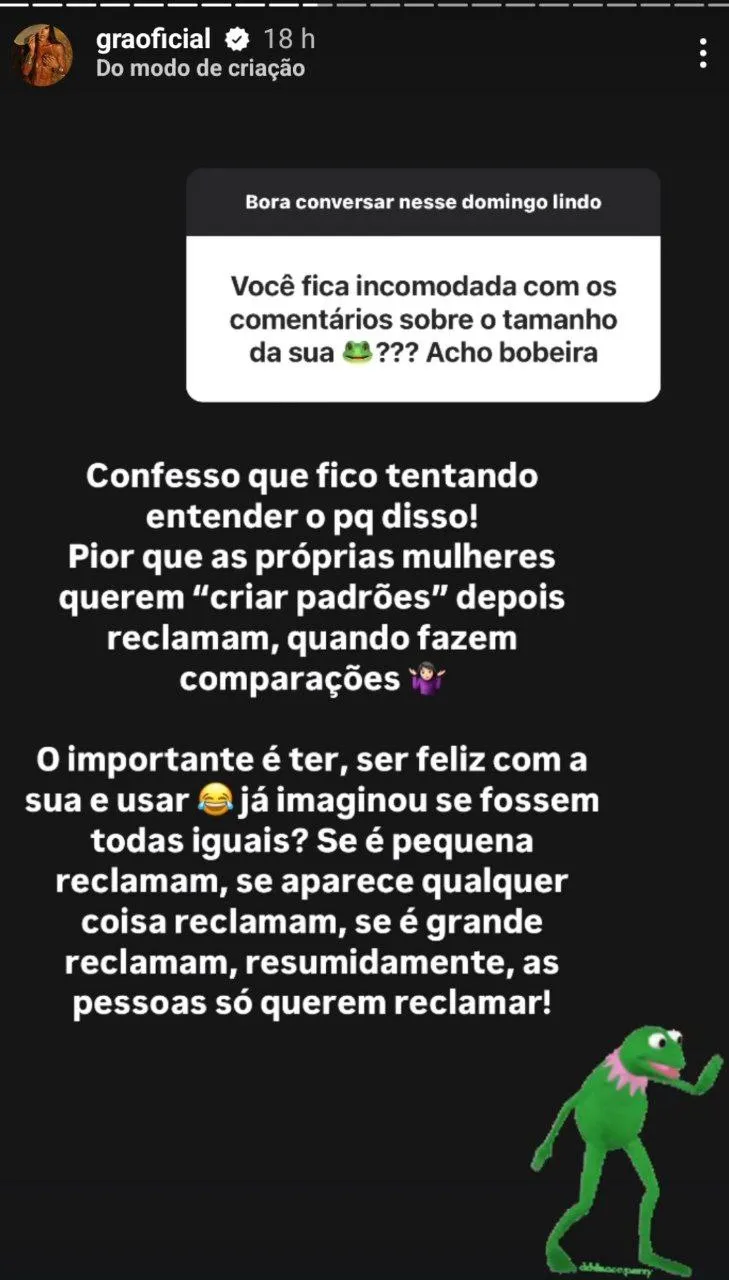 Imagem ilustrativa da imagem Tamanho importa? Gracyanne fala de polêmicas envolvendo sua ‘ppk’