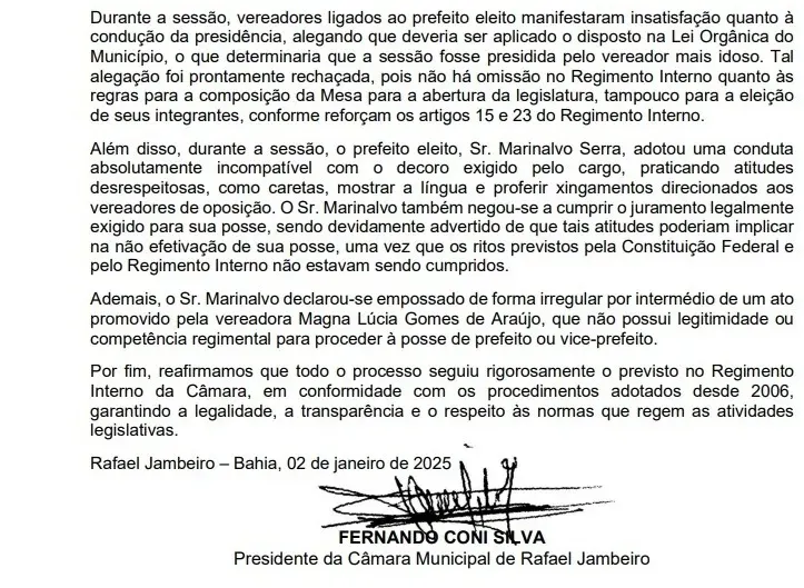 Imagem ilustrativa da imagem Após bafafá, prefeito de Rafael Jambeiro se diz empossado; Câmara rebate