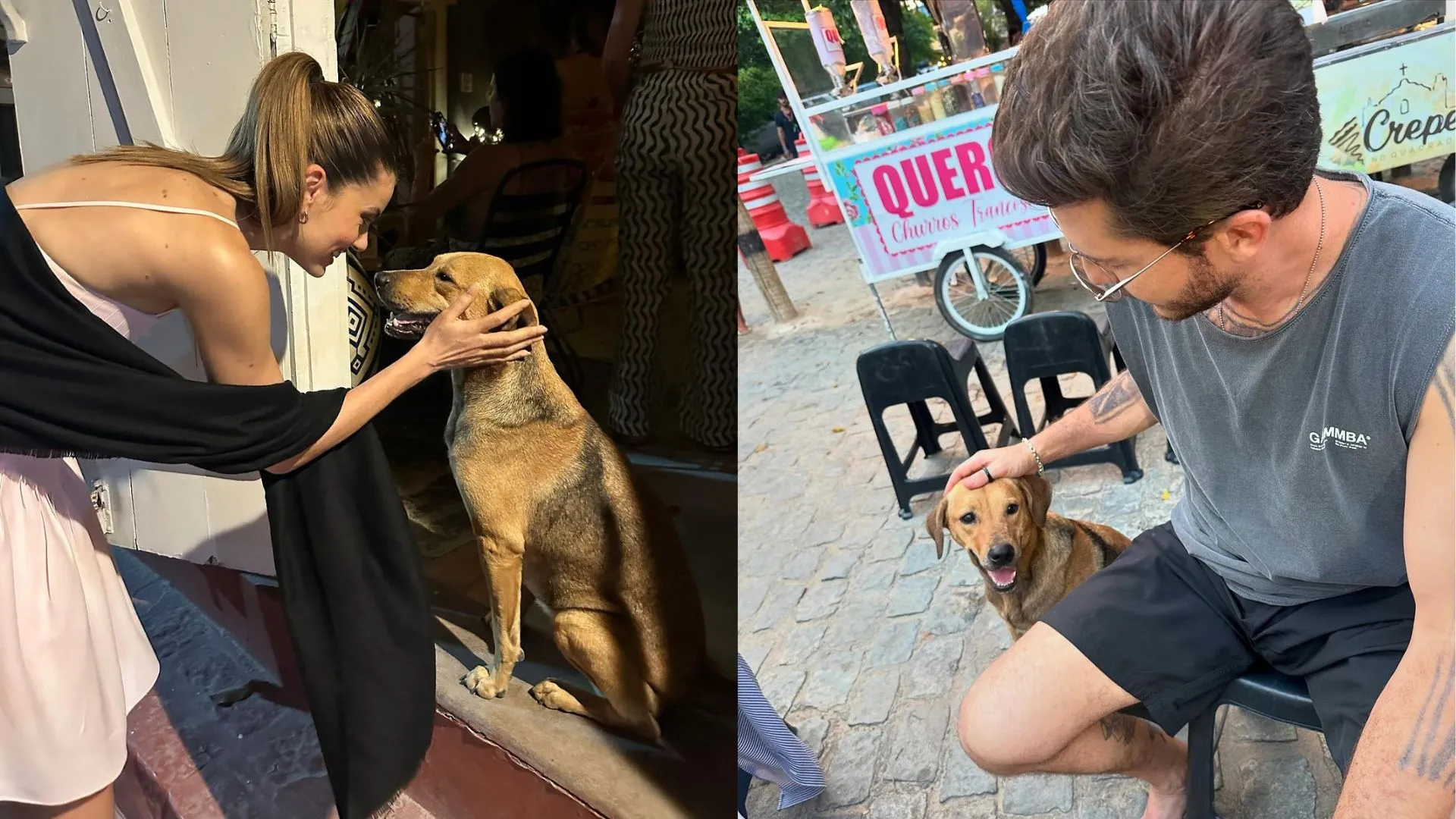 Camila e Klebber interagiram com cachorrinhos de rua