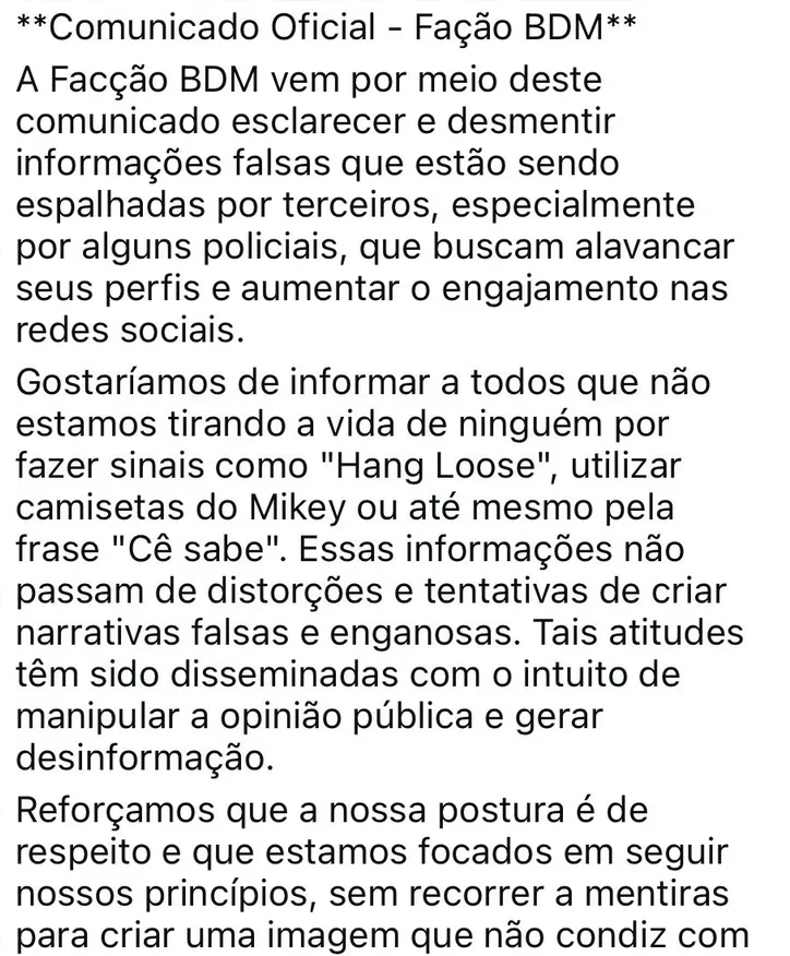 Suposto comunicado da facção BDM