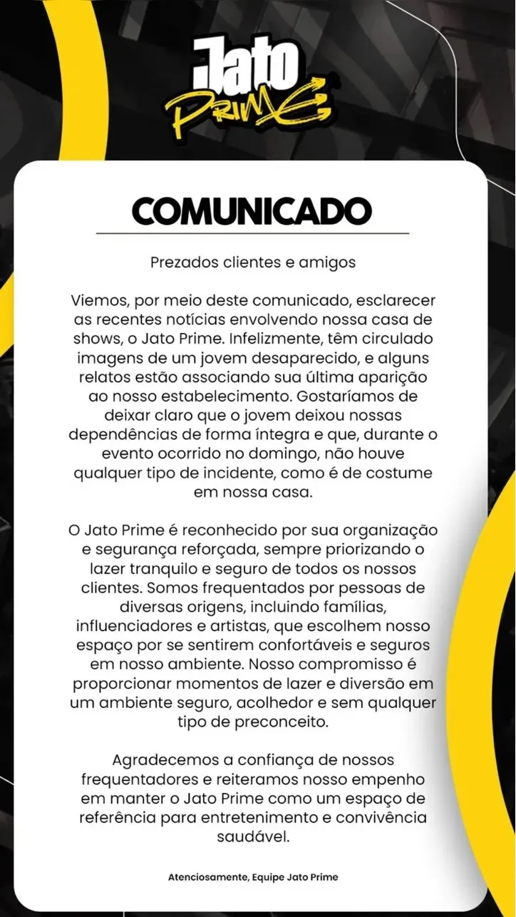 Comunicado da Casa de shows 'Jato Prime'