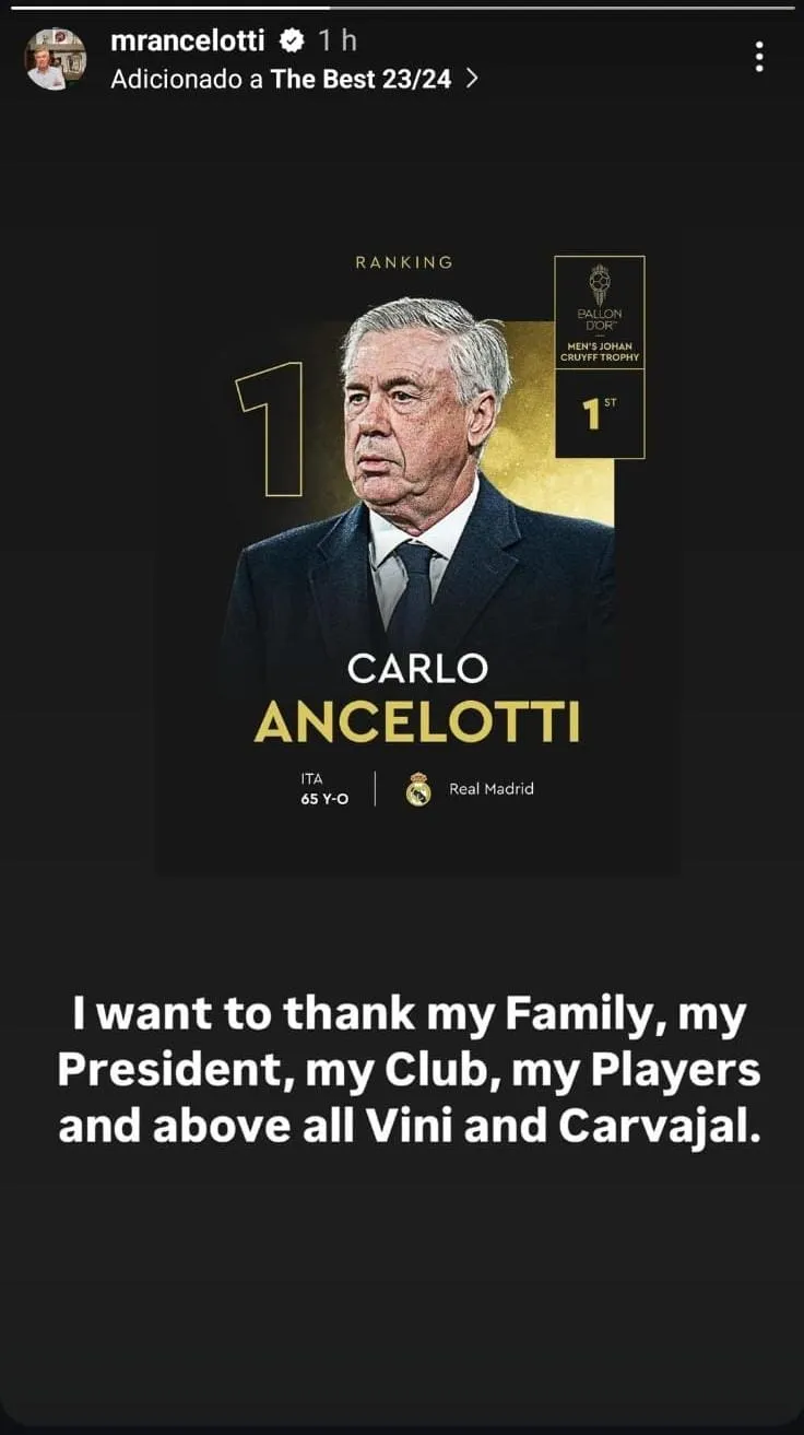 Carlo Ancelotti se manifestou através dos Storys do Instagram