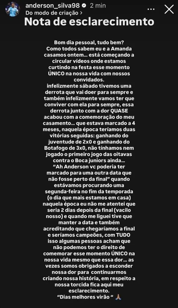 Nota de esclarecimento publicada por Anderson