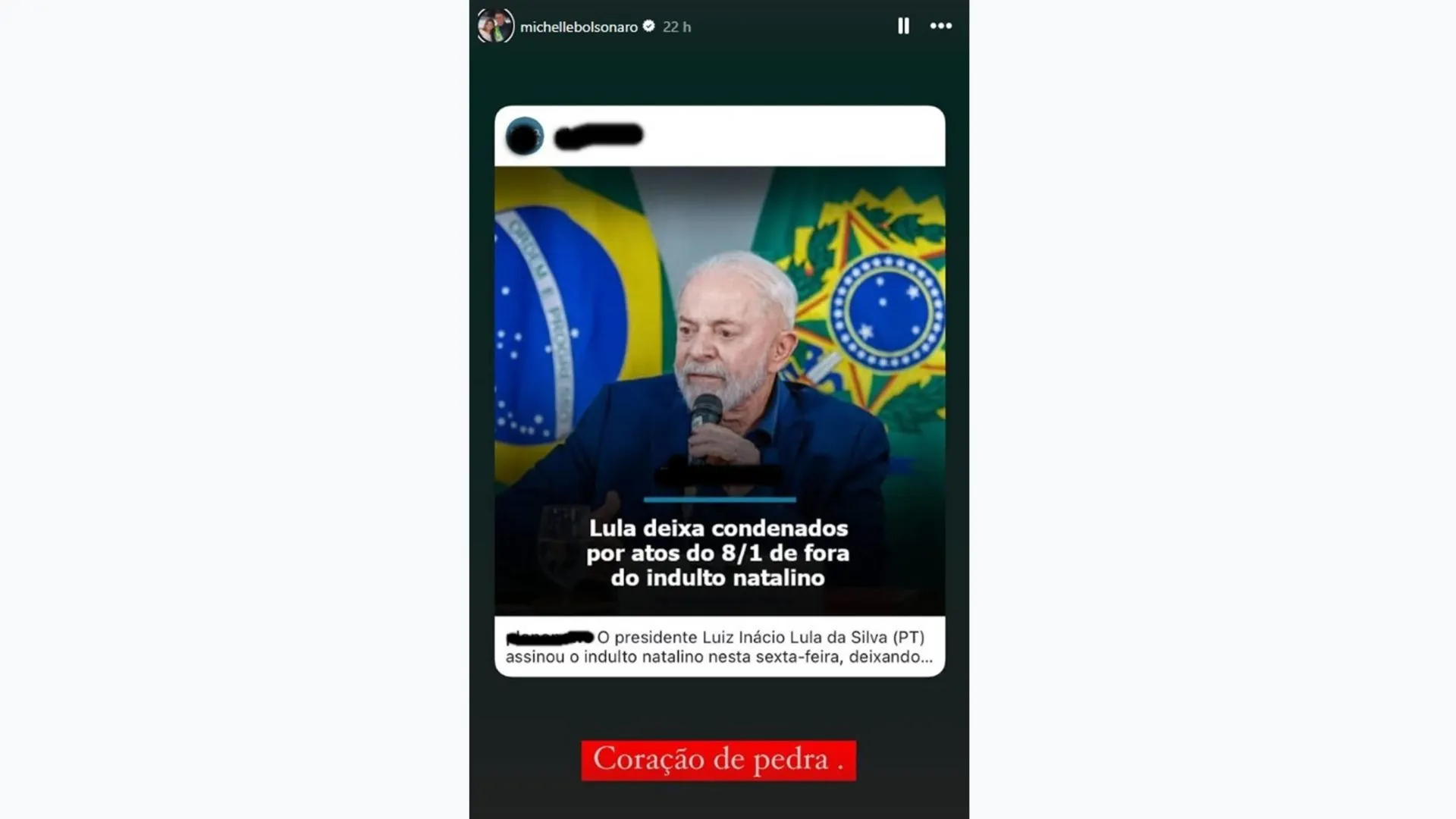 Imagem ilustrativa da imagem Michelle Bolsonaro critica Lula após novo indulto: "Coração de pedra"