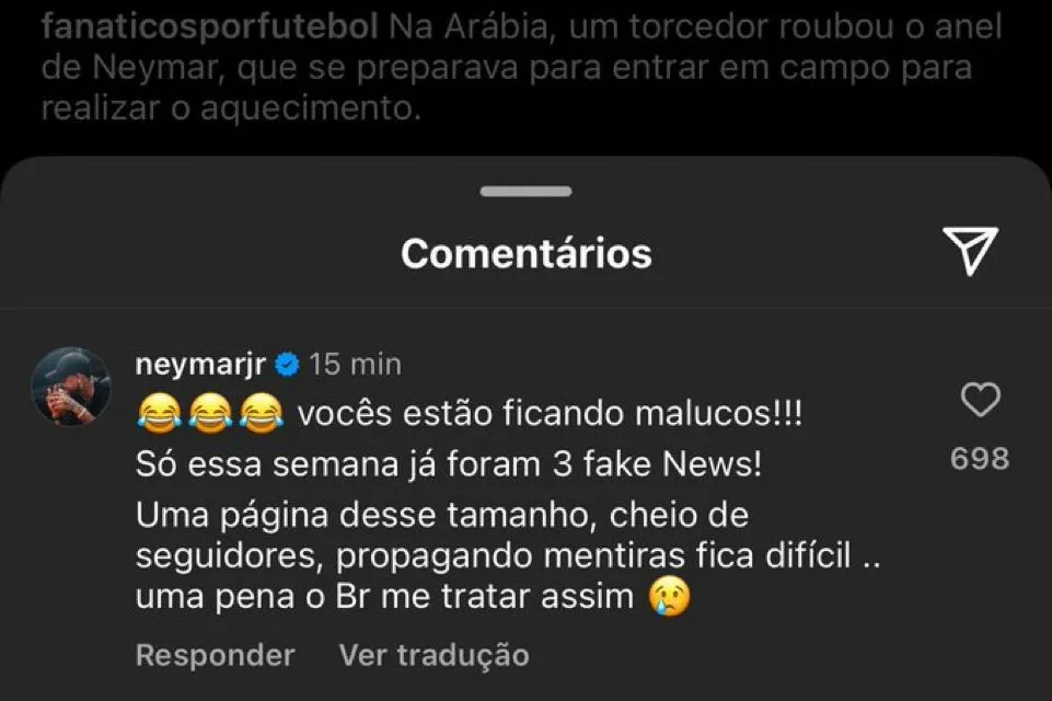 Imagem ilustrativa da imagem Neymar desmente suposto roubo de seu anel dentro do estádio