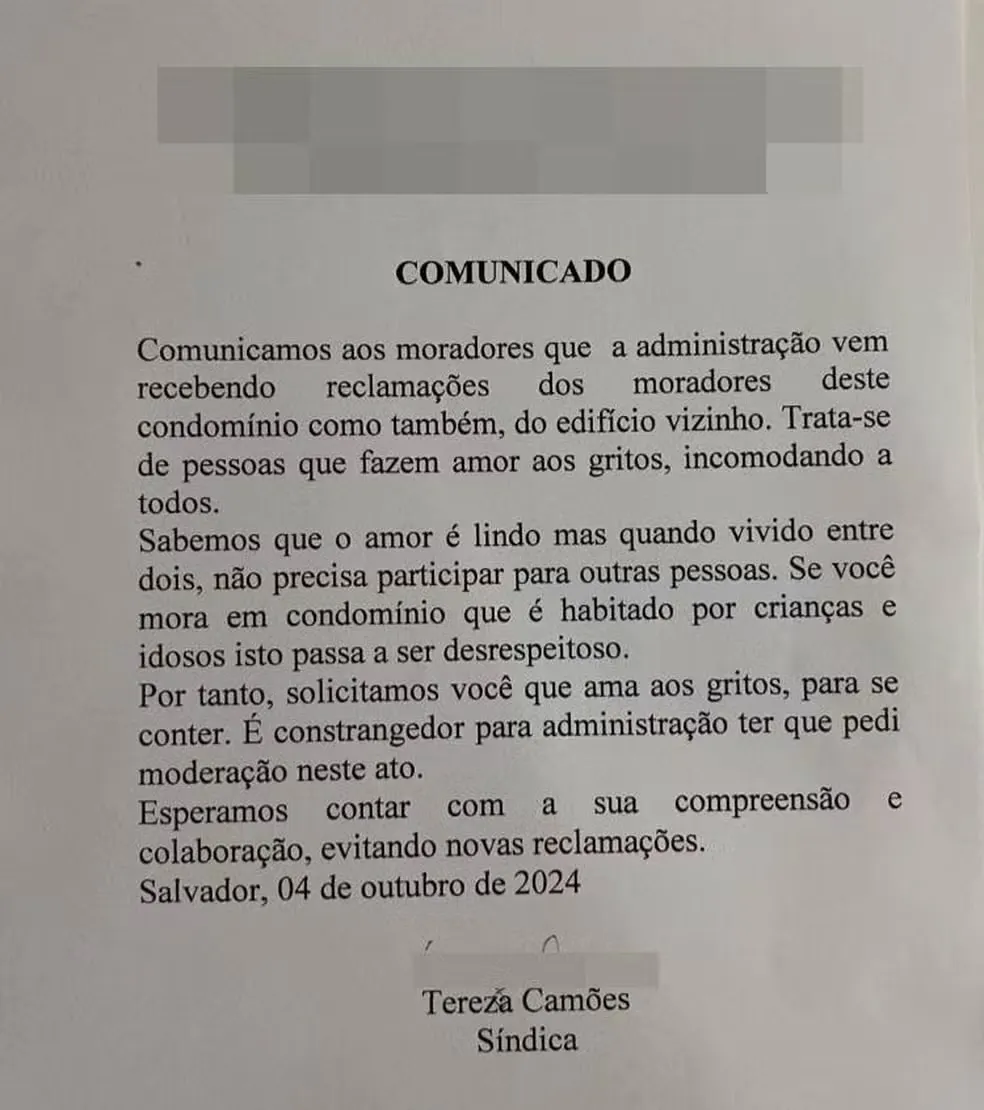 Imagem ilustrativa da imagem 'Vuco-vuco' barulhento de casal faz síndica emitir comunicado em Salvador