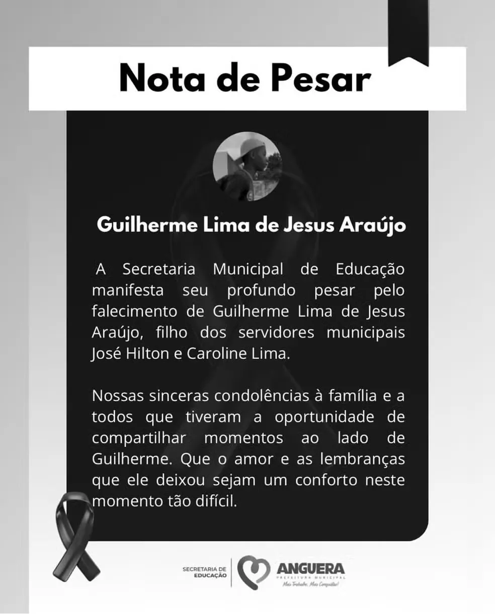 Em nota, a Prefeitura lamentou a morte e desejou condolências à família de Guilherme Lima