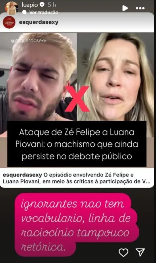Imagem ilustrativa da imagem Bafafá entre Luana Piovani e Zé Felipe sobra até para Lula