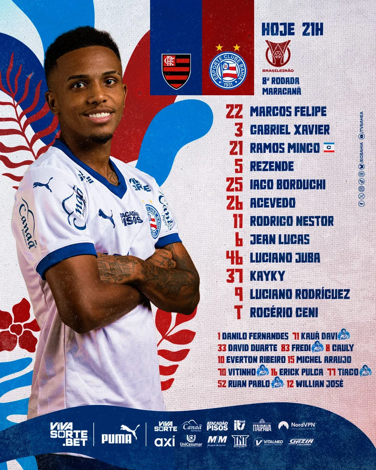 Imagem ilustrativa da imagem Escalação do Bahia: Rogério Ceni muda o tima para pegar o Flamengo