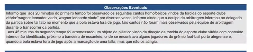 Súmula registra canto homofóbico em Vitória x Grêmio