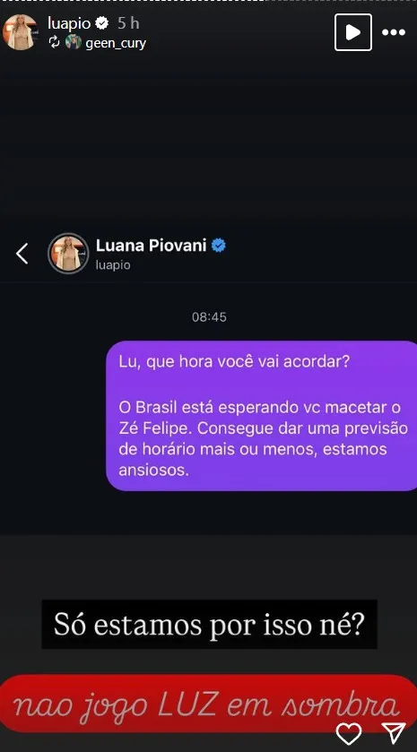 Imagem ilustrativa da imagem Sem papas: Luana Piovani detona Virginia Fonseca e rebate Zé Felipe