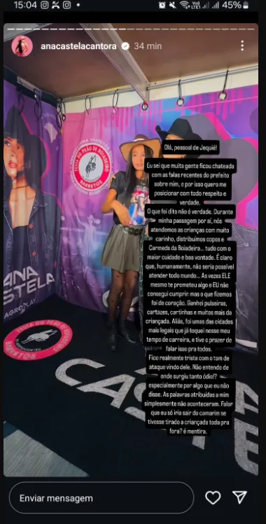 Ana Castela rebate prefeito baiano