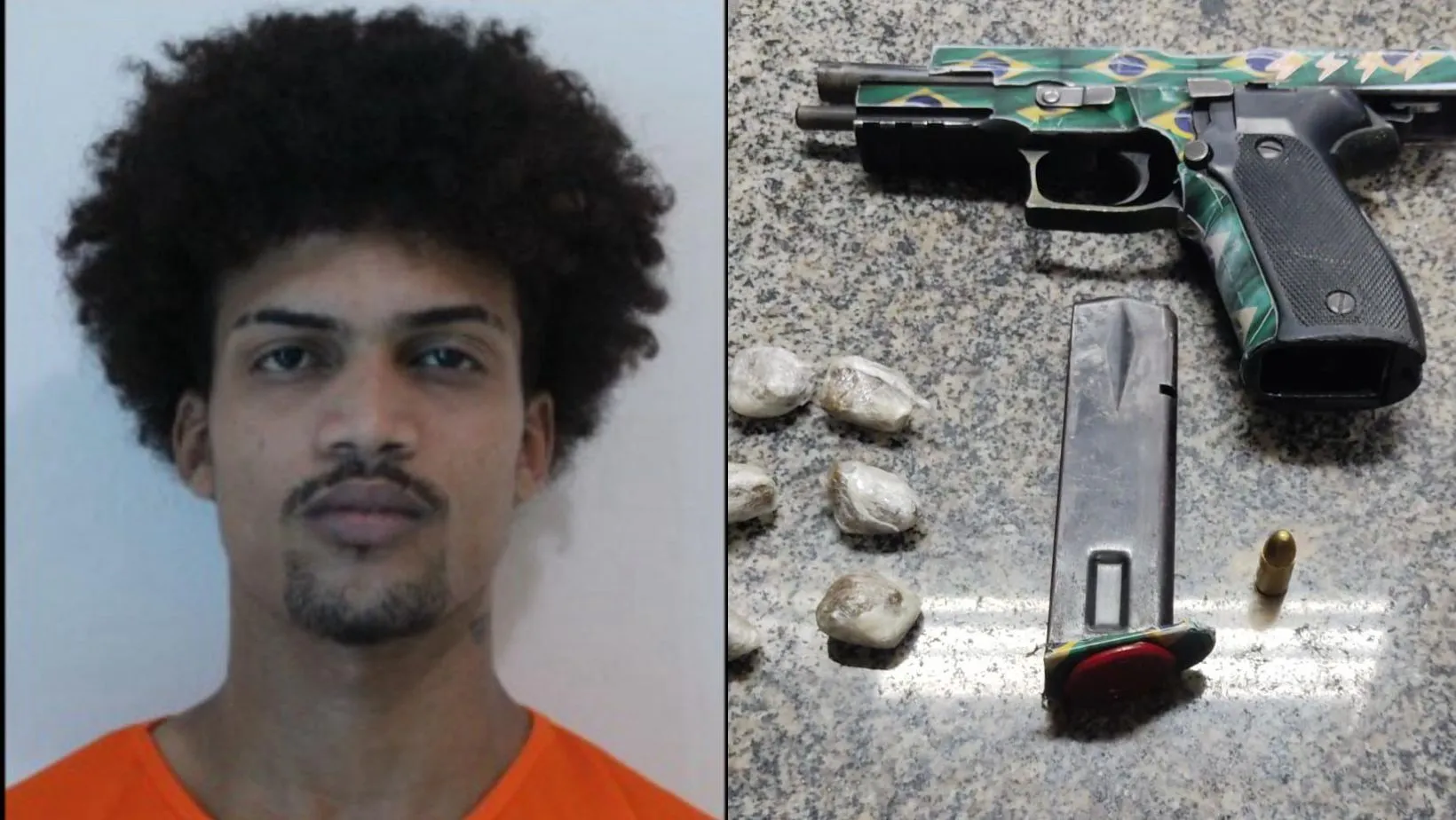 Bruno Santos Silva, vulgo 'BN', foi preso com uma pistola e drogas