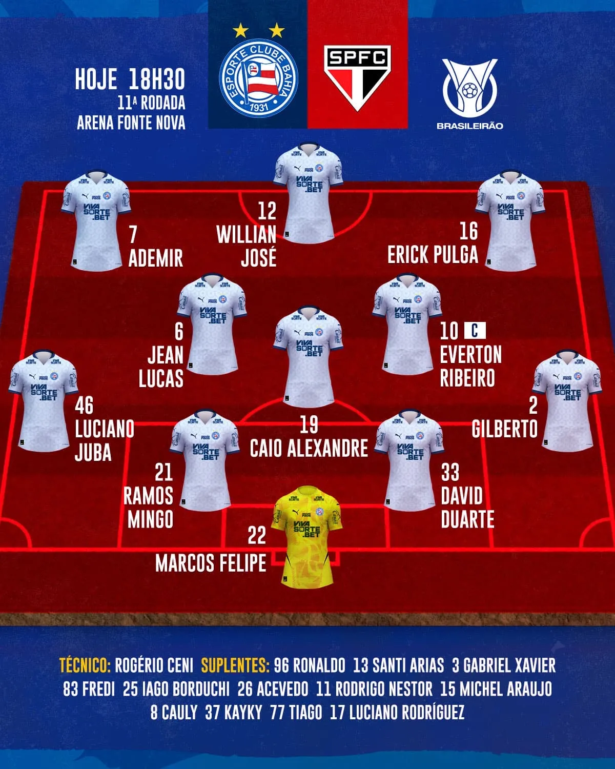 Imagem ilustrativa da imagem Escalação: Bahia vai com time ofensivo para pegar o São Paulo; veja