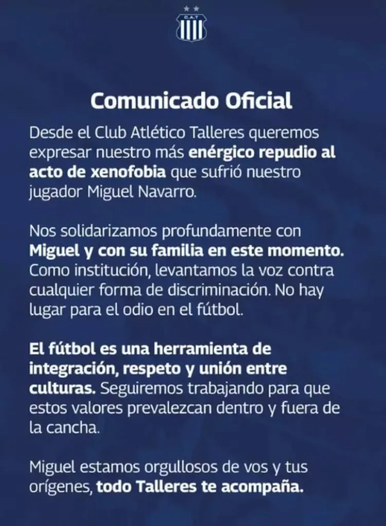 Imagem ilustrativa da imagem Jogador do Talleres afirma ter sido chamado de “morto de fome”
