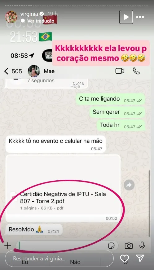 Imagem ilustrativa da imagem Mãe de Virgínia pega ar ao quitar dívida da apresentadora: "Resolvido"