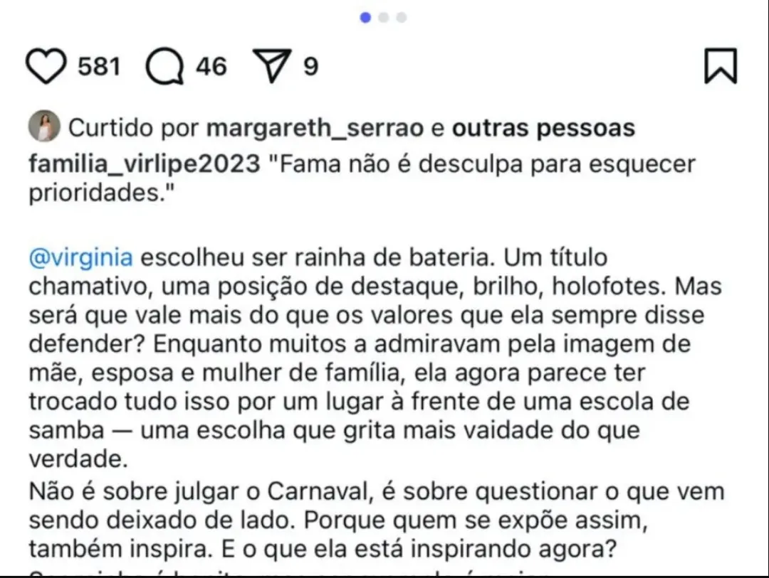Imagem ilustrativa da imagem Mãe de Virgínia se defende após dedo nervoso no Instagram