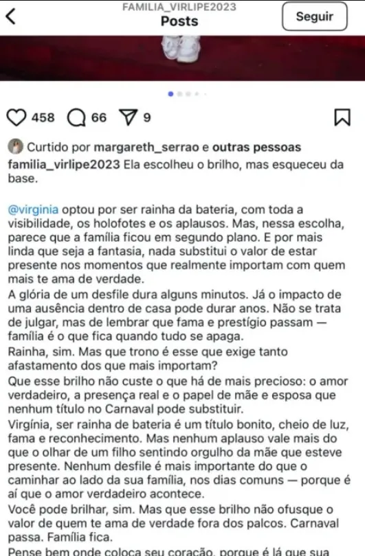 Imagem ilustrativa da imagem Mãe de Virgínia se defende após dedo nervoso no Instagram