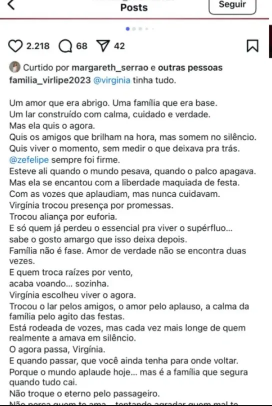 Imagem ilustrativa da imagem Mãe de Virgínia se defende após dedo nervoso no Instagram