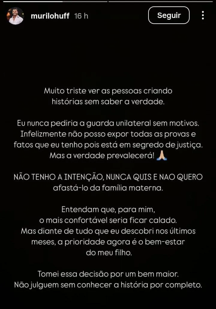 Imagem ilustrativa da imagem Murilo Huff abre o jogo sobre pedido da guarda do filho