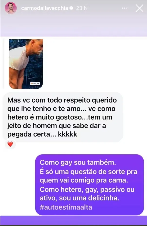 Imagem ilustrativa da imagem “Sou uma delicinha”, reage Carmo Dalla Vecchia a comentário homofóbico
