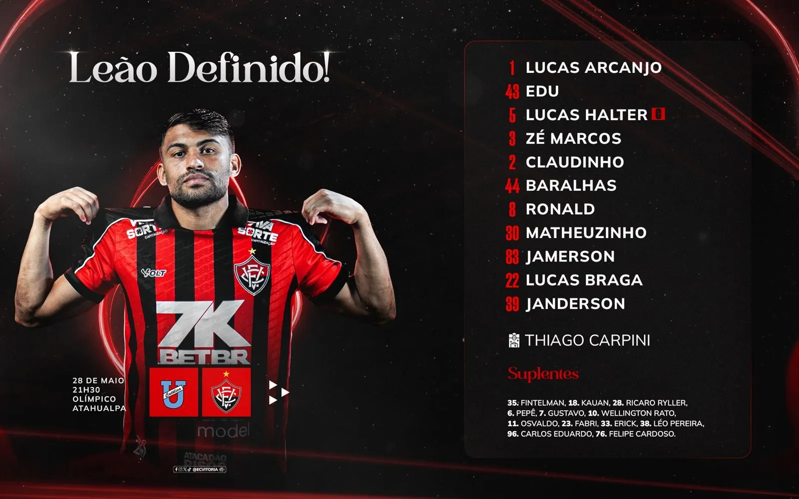 Imagem ilustrativa da imagem Vitória está escalado para jogo decisivo pela Sul-Americana; veja