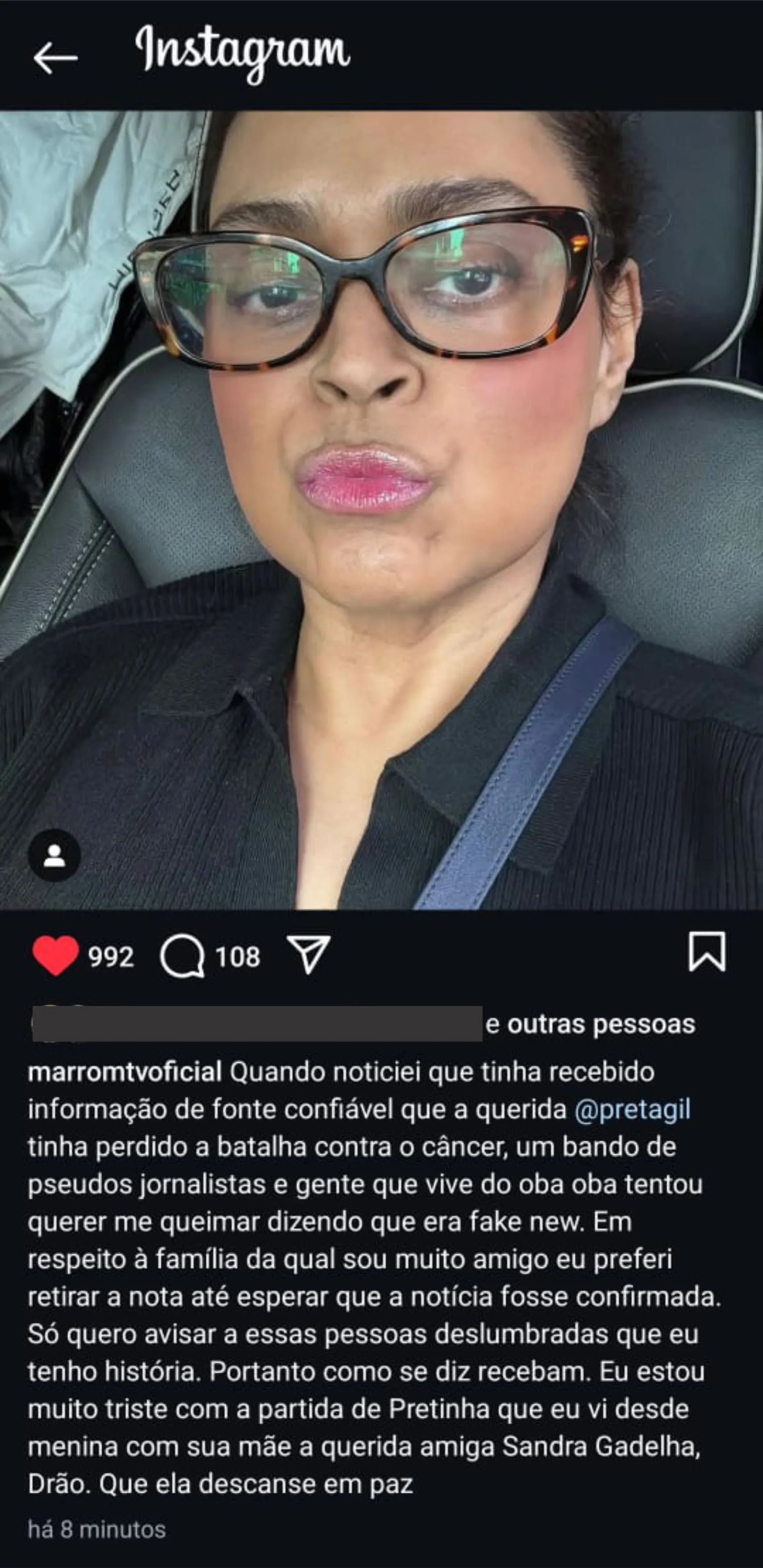 Print da primeira postagem de Marrom, que depois acabou alterando legenda