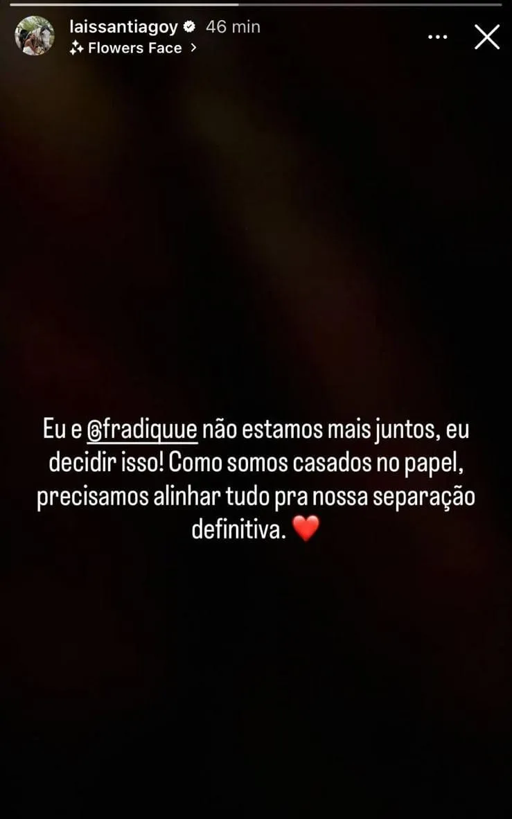 Publicação foi feita no perfil de Lais
