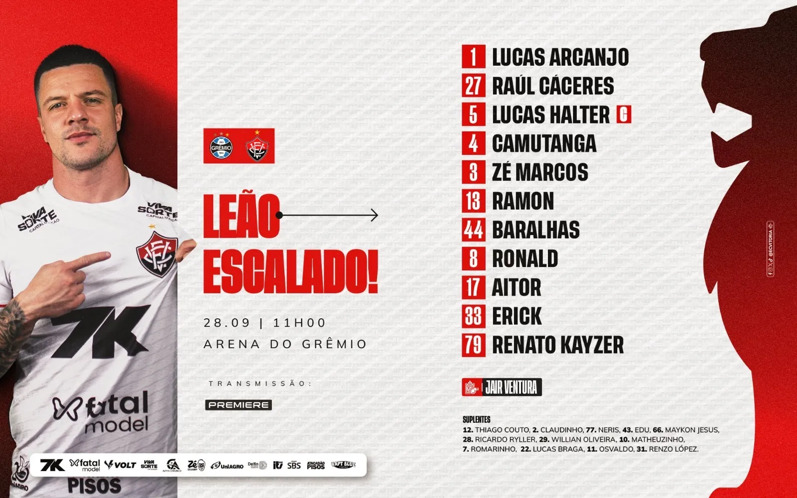 Imagem ilustrativa da imagem Com três na zaga, Vitória está escalado para enfrentar o Grêmio