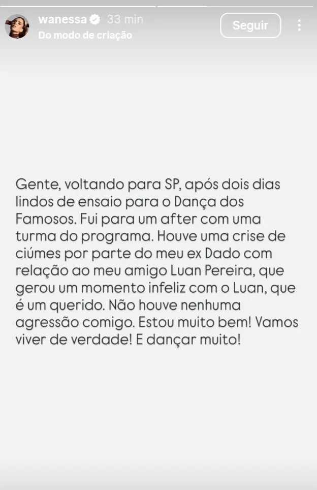 Texto publicado por Wanessa em seu perfil no Instagram