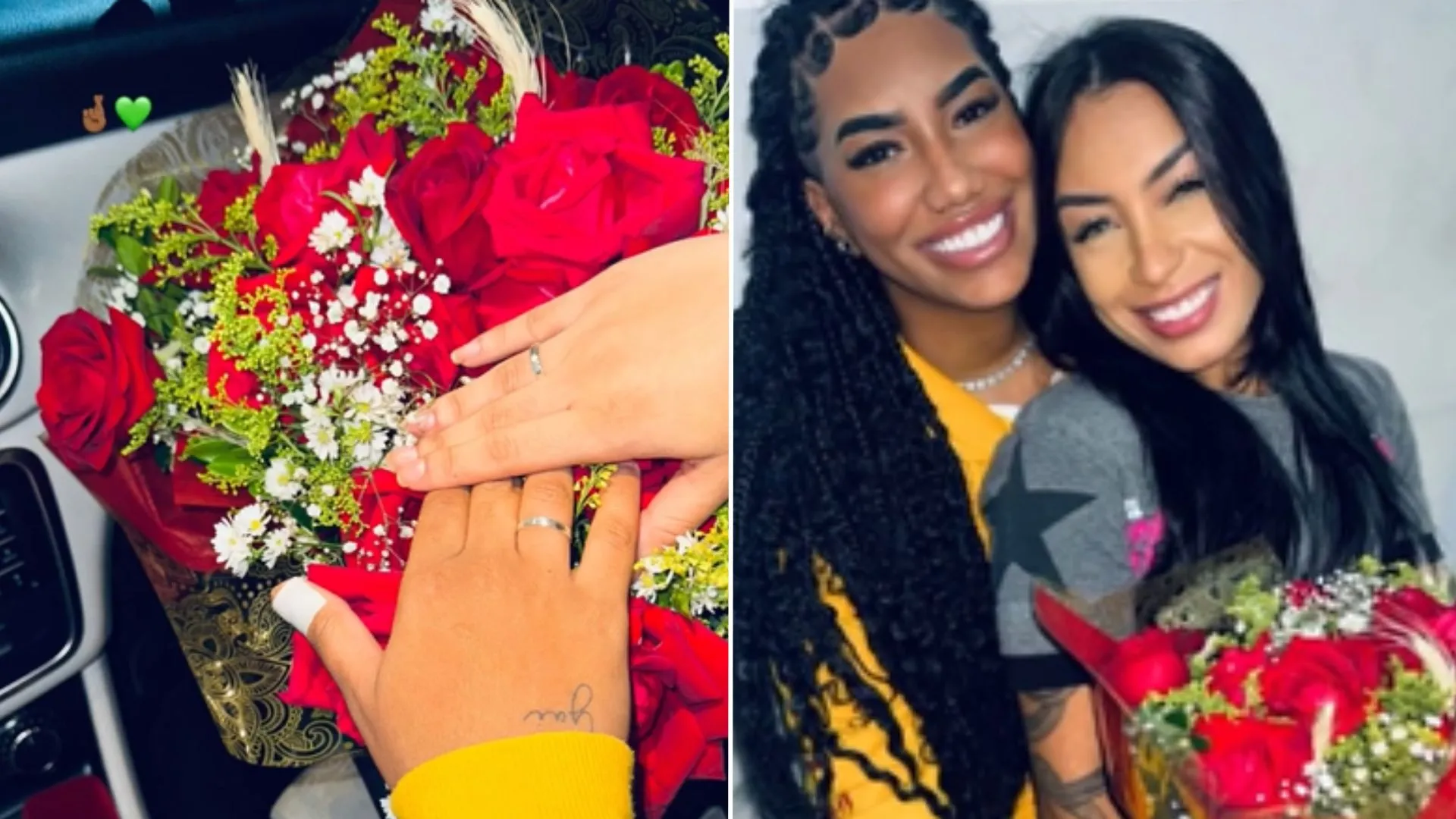 Pedido de namoro teve buquê de rosas e alianças de prata