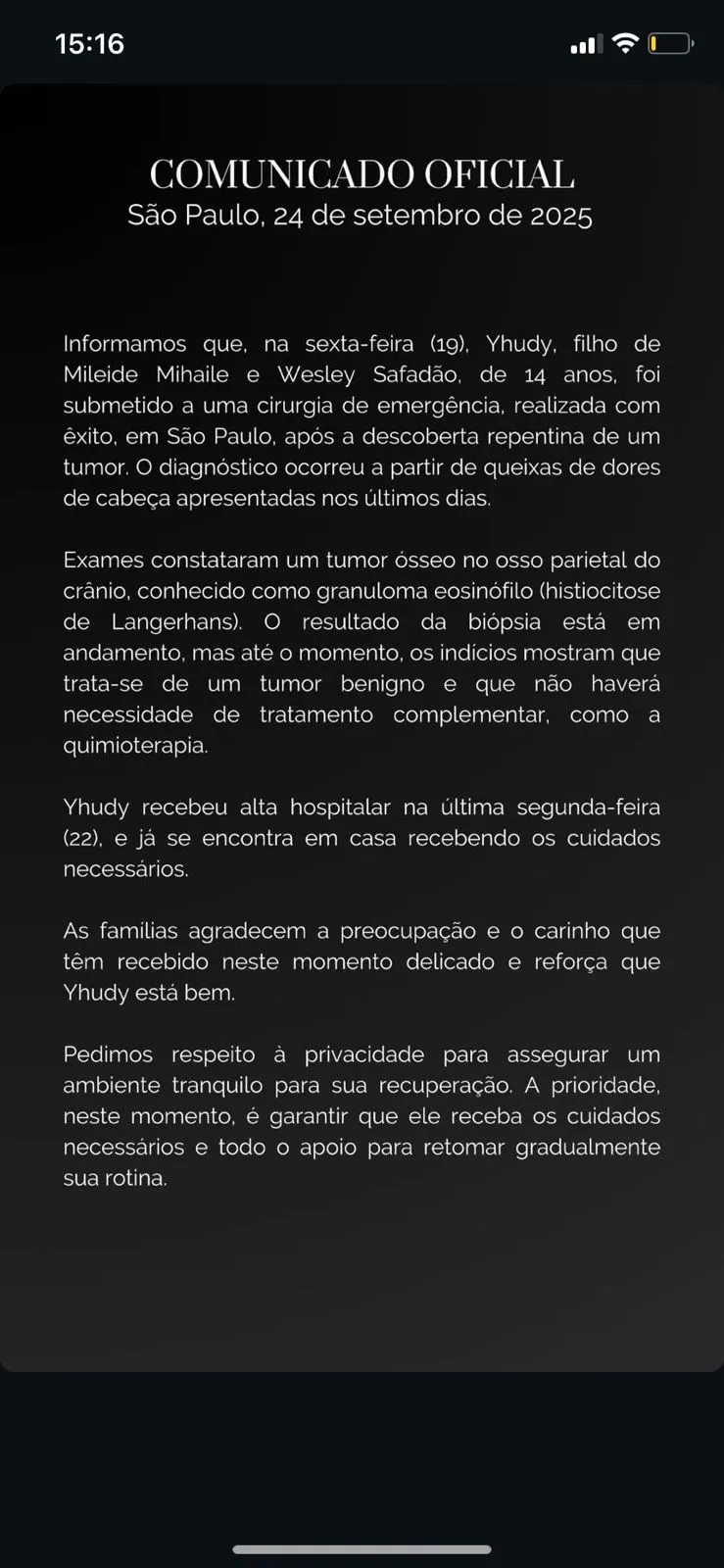 Imagem ilustrativa da imagem Filho de Wesley Safadão passa por cirurgia após descobrir tumor