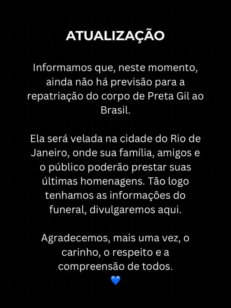 Nota emitida no perfil do cantor Gilberto Gil