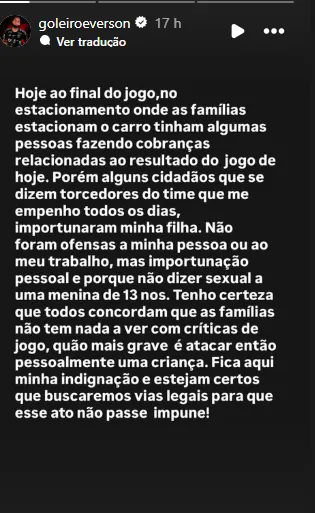 Goleiro Everson se manifestou em sua conta no Instagram